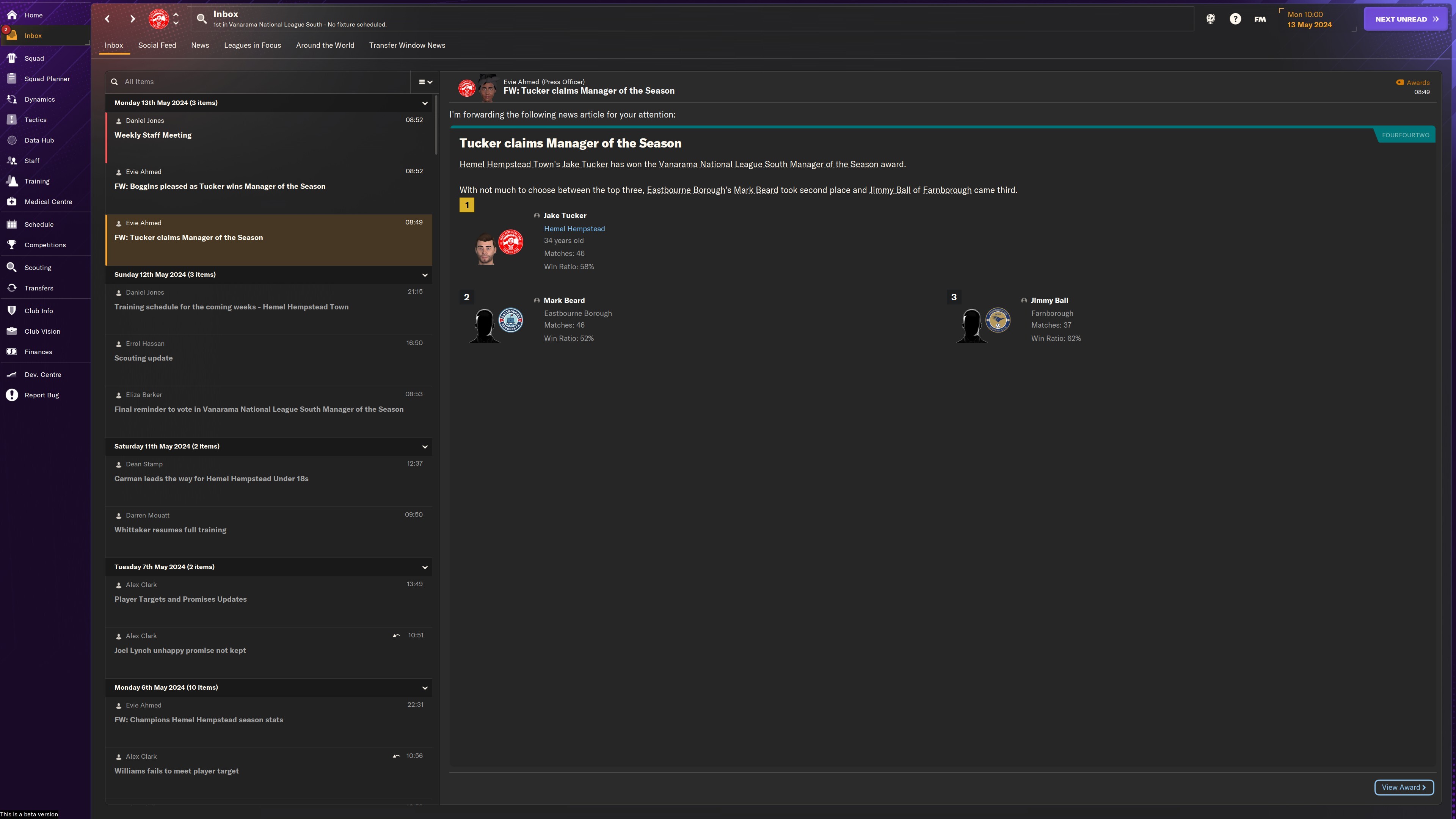 Capture d'écran du message du manager de l'année de Football Manager 2024