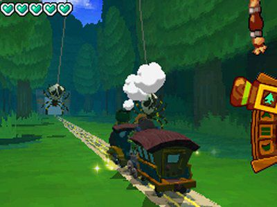 Le train de Zelda : Spirit Tracks avance vers une araignée avec le compteur de santé affichant quatre cœurs