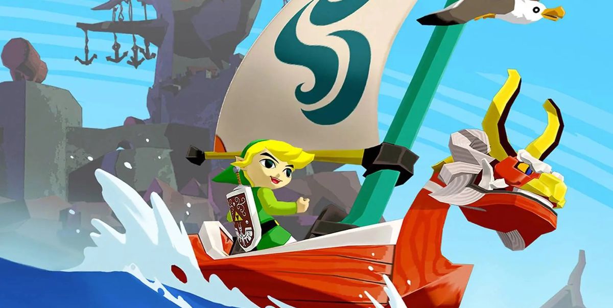 Link chevauchant son bateau et éclaboussant de l'eau dans The Legend of Zelda: The Wind Waker