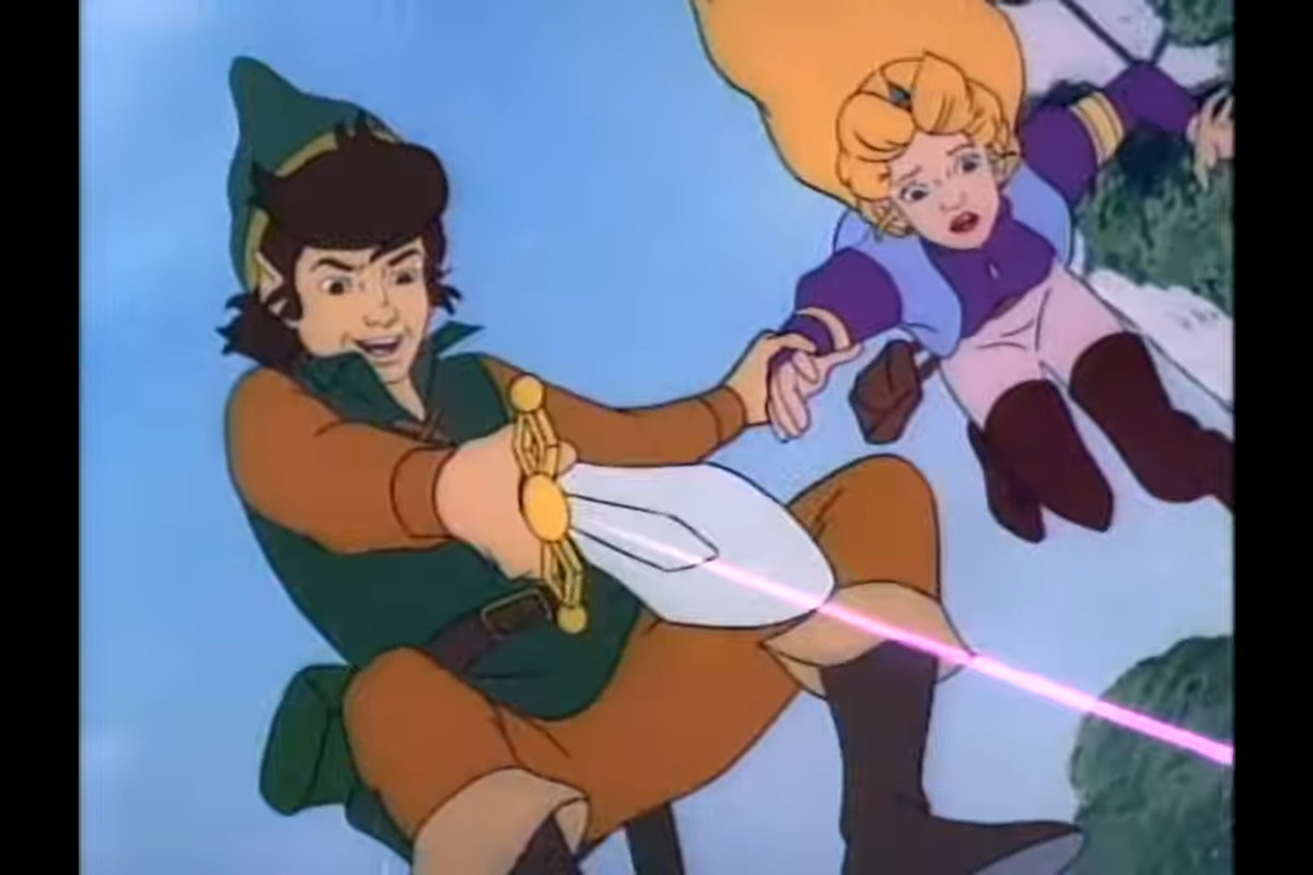 Link et Zelda tombant de haut, Link pointant une épée magique