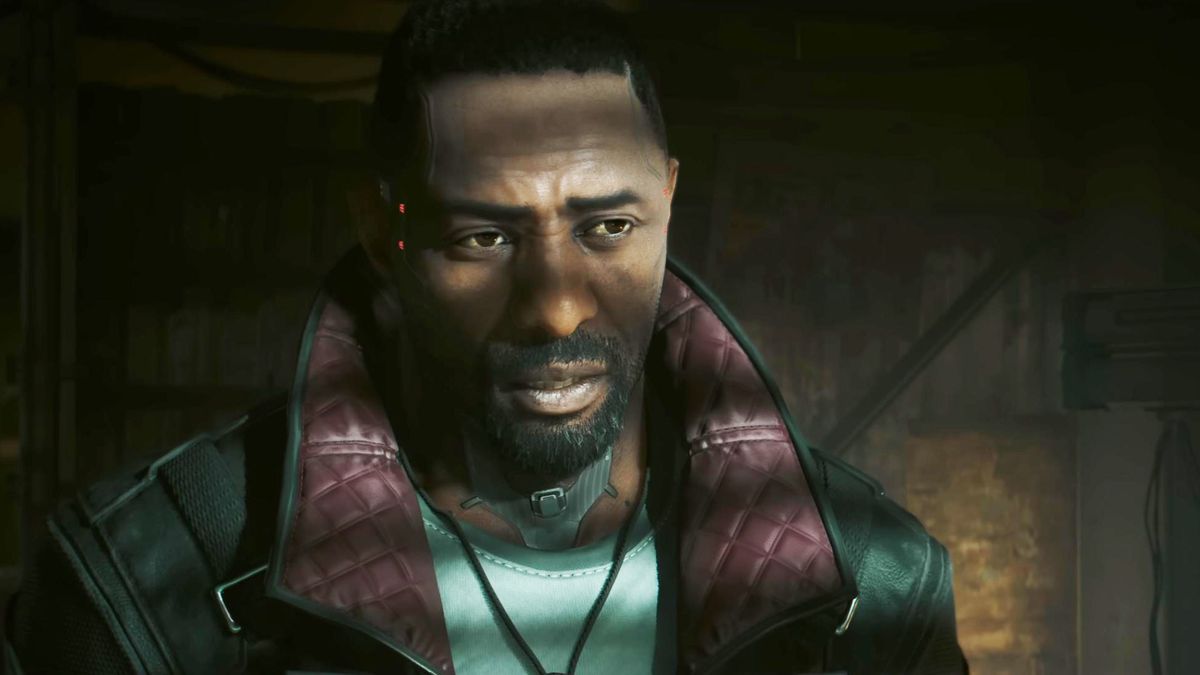 Idris Elba dans son rôle principal en tant qu'agent de la FIA, Solomon Reed, dans Cyberpunk 2077 : Phantom Liberty.