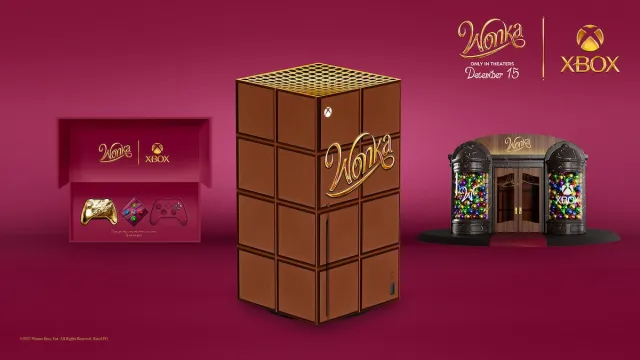 Wonka Xbox Series X et manette chocolat.