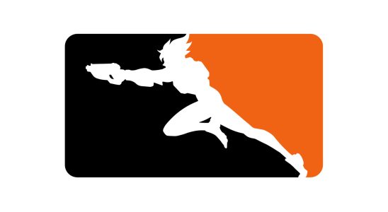 Overwatch League Logo - A silhouette of the Overwatch hero Tracer runs to the left with her blasters out, flanked by blocks of colour, black and orange.