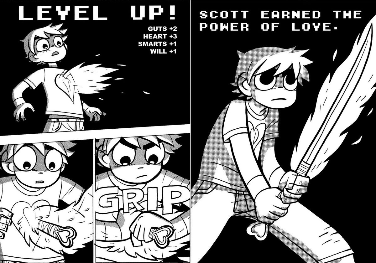 Une image tirée des bandes dessinées de Scott Pilgrim où il gagne le pouvoir de l'amour