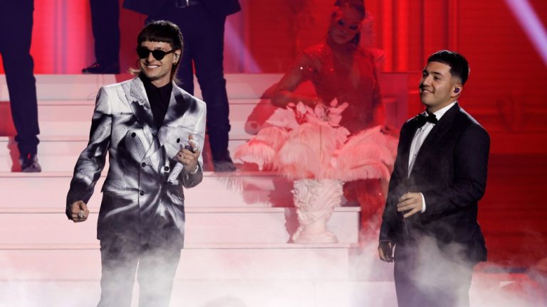 SEVILLE, SPAIN - NOVEMBER 16: (L-R) Peso Pluma and Pedro Tovar of Eslabon Armado perform onstage during The 24th Annual Latin Grammy Awards on November 16, 2023 in Seville, Spain. (Photo by Kevin Winter/Getty Images for Latin Recording Academy)