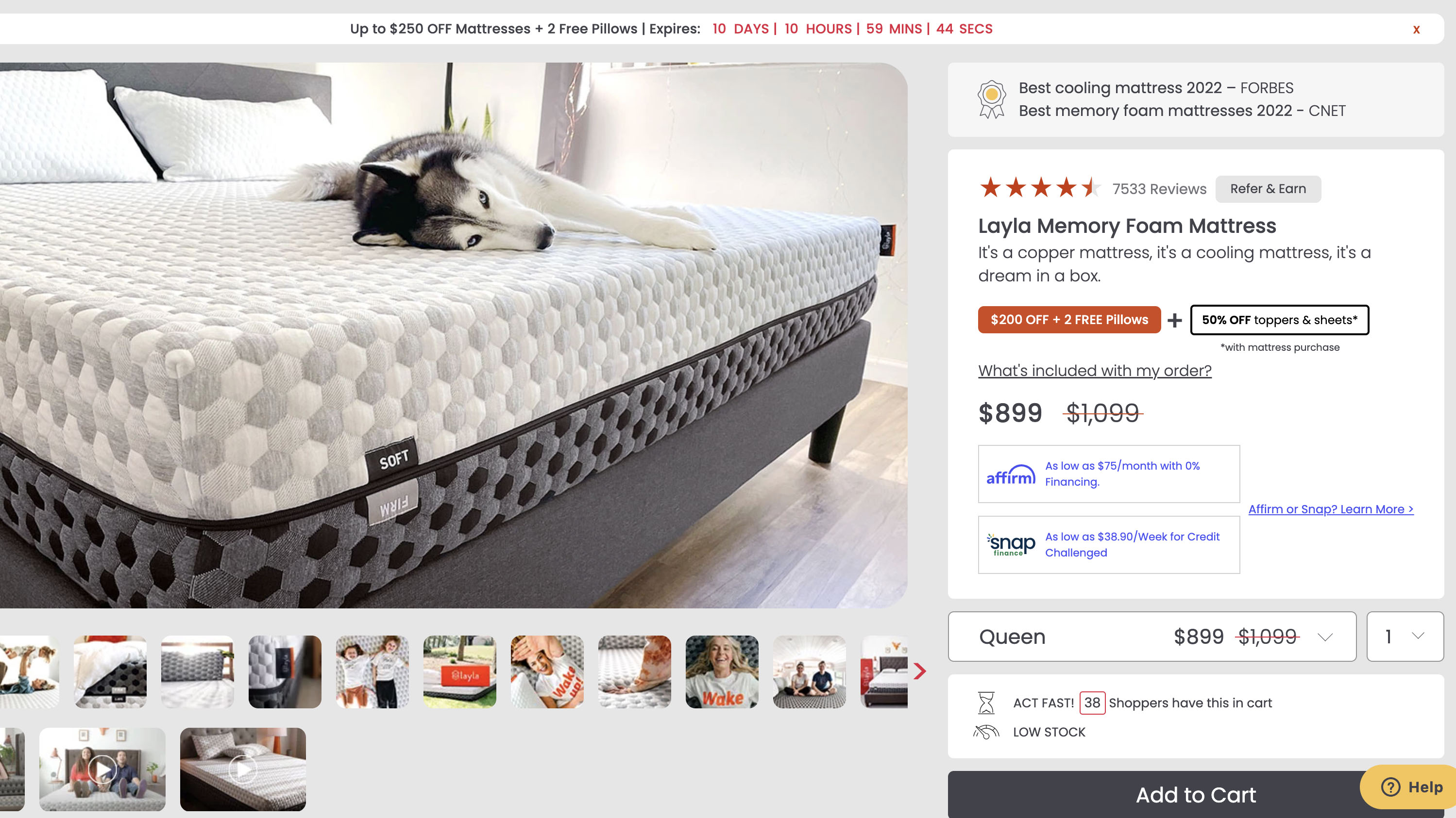 L’image montre une alerte de niveau de stock faible sur le matelas en mousse à mémoire de forme Layla avant le Black Friday