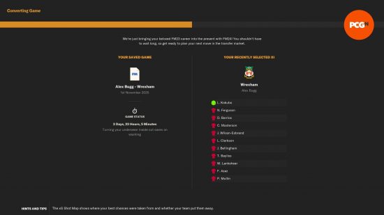 conversion d'un fichier de sauvegarde FM23 pour jouer dans FM24, montrant plus de 3 jours de jeu