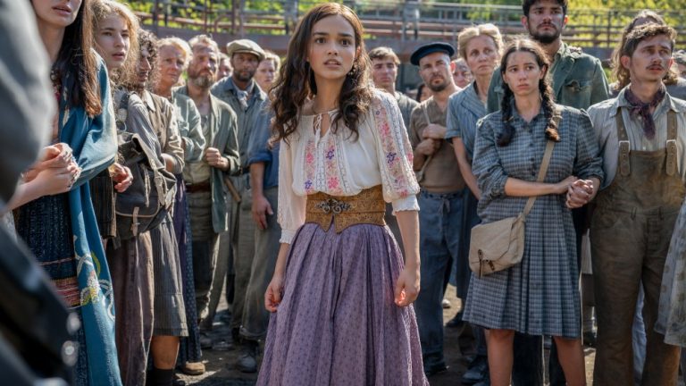 Honor Gillies as Barb Azure, Konstantin Taffet as Clerk Carmine and Rachel Zegler as Lucy Gray Baird in The Hunger Games: The Ballad of Songbirds and Snakes. Photo Credit: Murray Close