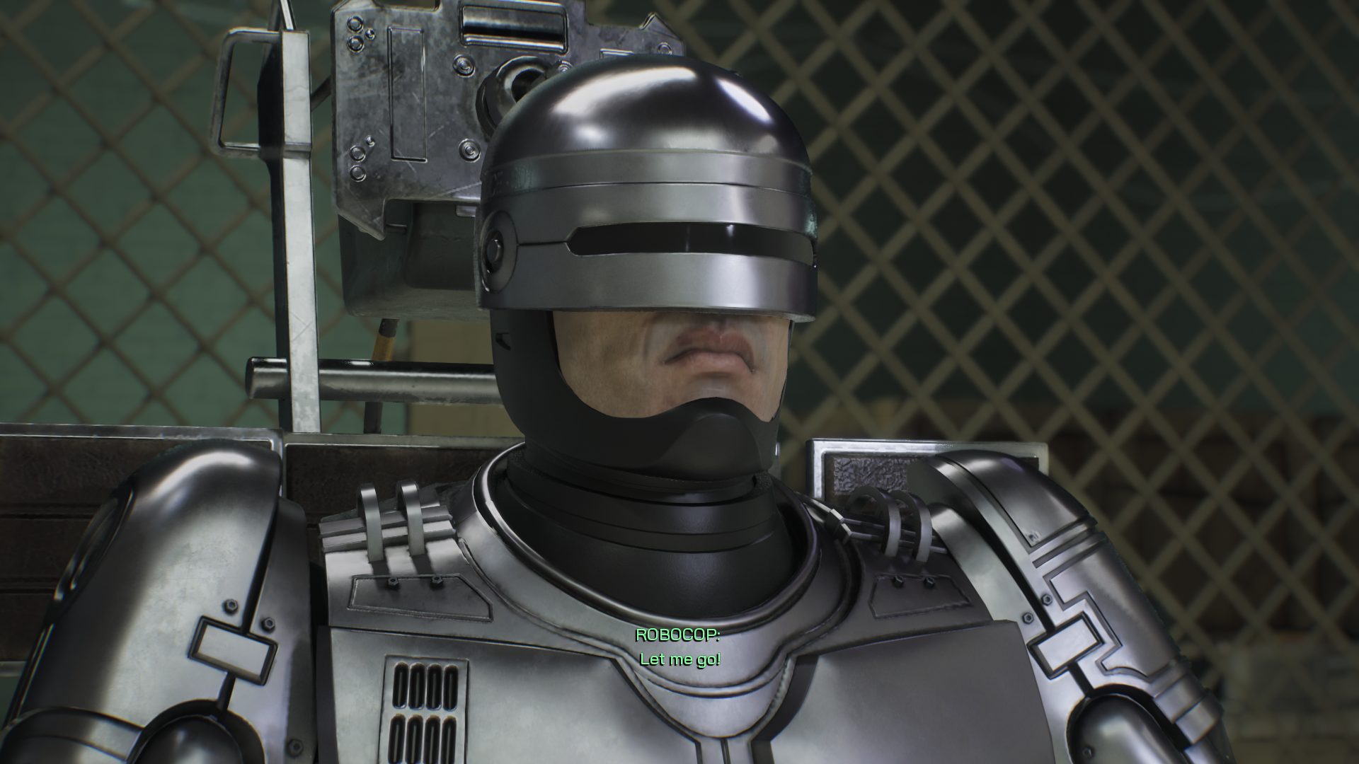 Revue de Robocop Rogue City : un gros plan de Robocop lors d'une cinématique.