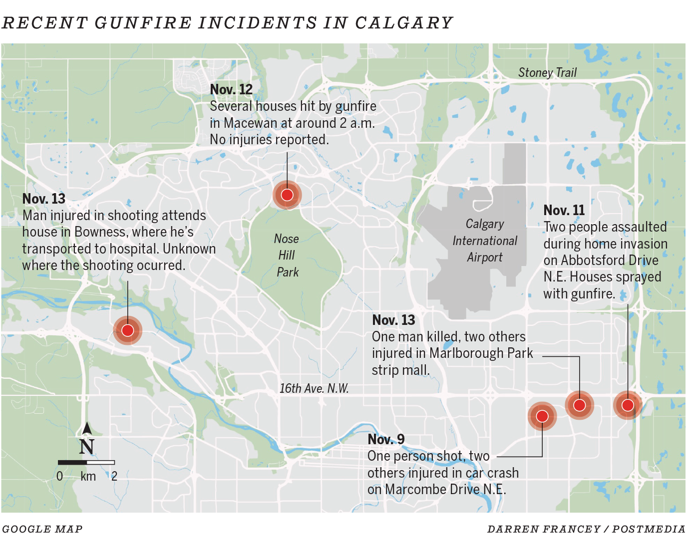 Graphique montrant les emplacements des coups de feu à Calgary