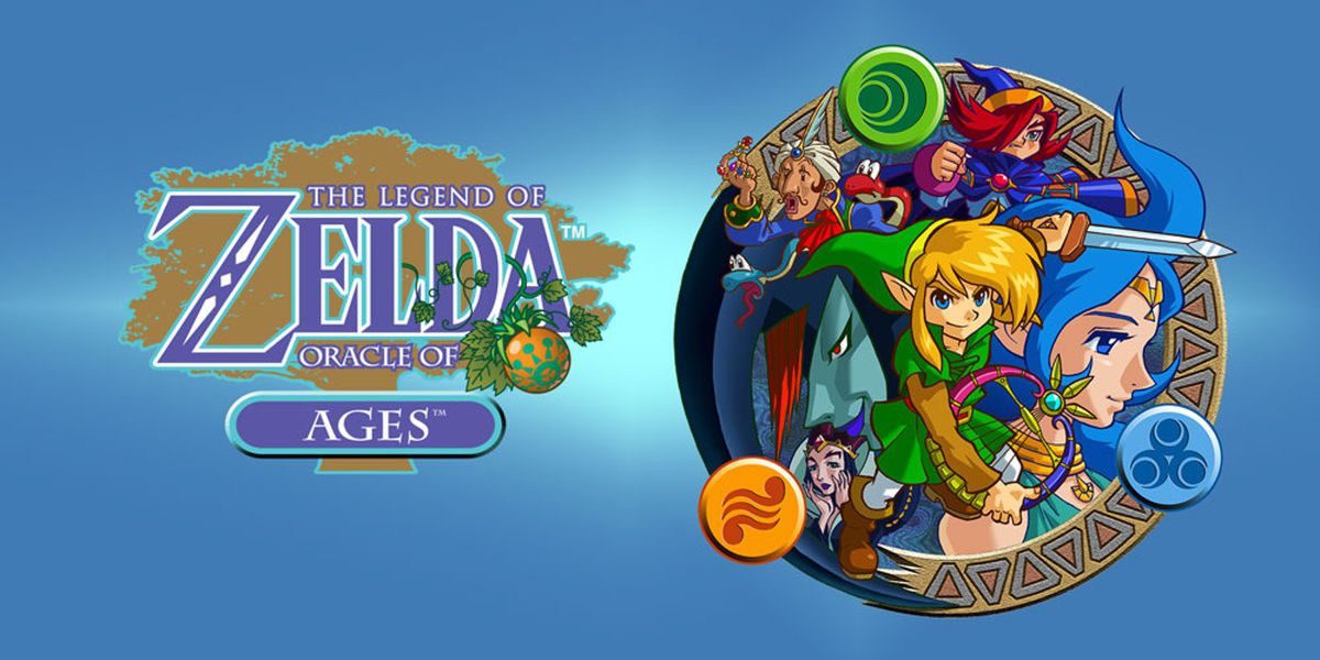 Illustration promotionnelle Nintendo pour The Legend of Zelda : Oracle of Ages, montrant Link avec une harpe avec d'autres personnages en arrière-plan