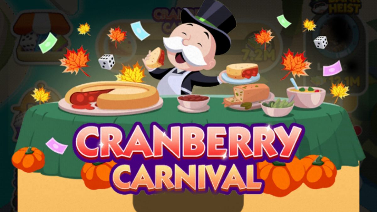 A header image for the "Cranberry Carnival" event in Monopoly GO. The image shows Rich Uncle Pennybags holding a piece of pie while autumnal leaves fall around him. He looks happy.