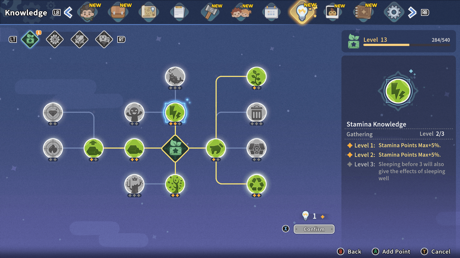 Un fond sombre avec un tableau des compétences pouvant être acquises.  Celles-ci sont représentées par des cercles gris qui deviennent verts une fois apprises.  Des diamants orange se trouvent sous chacun pour indiquer combien de niveaux peuvent être appris dans chaque nouvelle compétence.  Une liste apparaît à droite mettant en évidence la compétence sélectionnée et les effets de son apprentissage. 