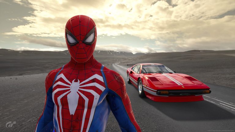 Spider-man overlayed on Gran Turismo 7 screenshot of a Ferrarri