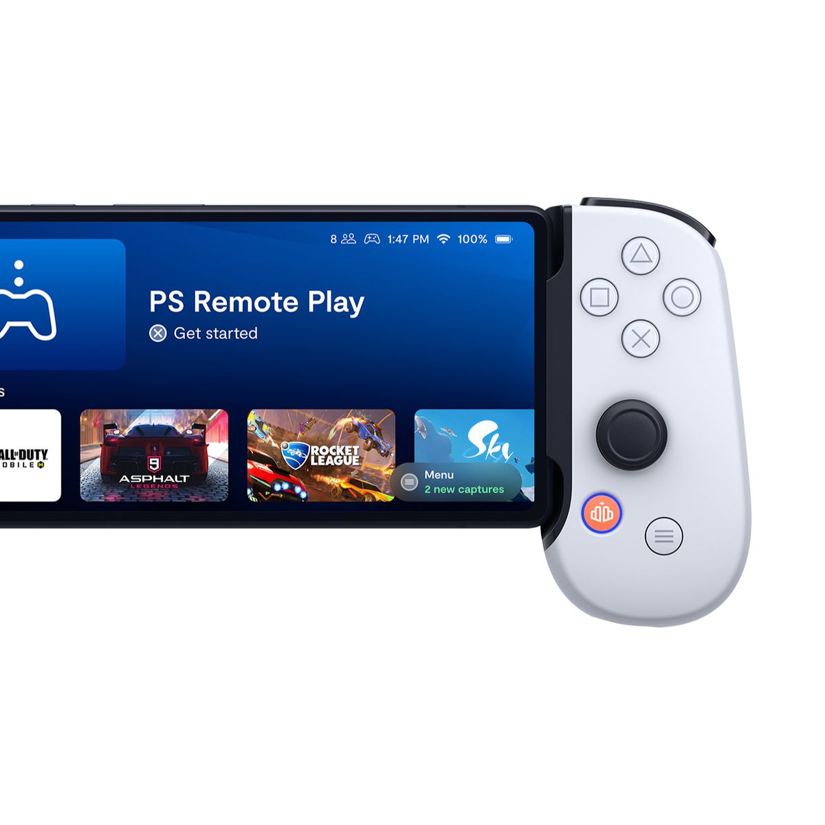 L'édition Backbone PlayStation pour Android.  Le contrôleur est annoncé ouvert avec un téléphone assis en son milieu.  L'écran du téléphone affiche une interface utilisateur qui ressemble beaucoup à un tableau de bord de console, rempli de vignettes de jeux et d'autres fonctionnalités interactives, comme des vidéos et des listes d'amis.