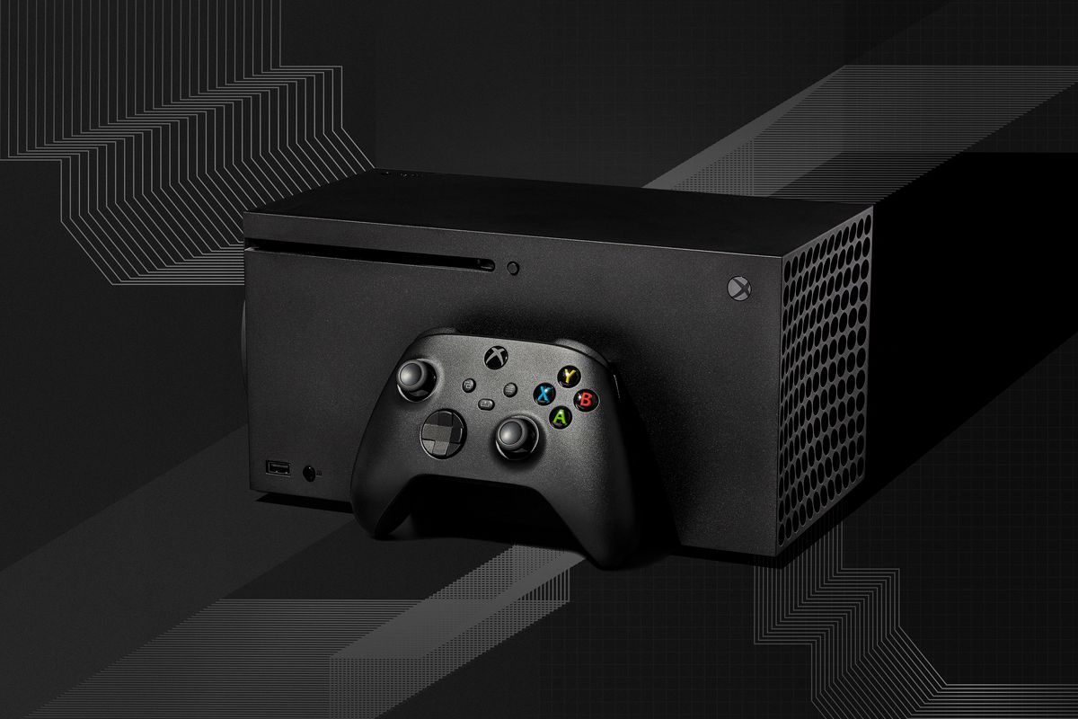 Console et contrôleur Xbox Series X sur fond graphique linéaire