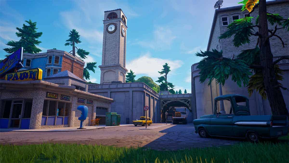 Image of Tilted Towers, including iconic clock tower in Fortnite OG.