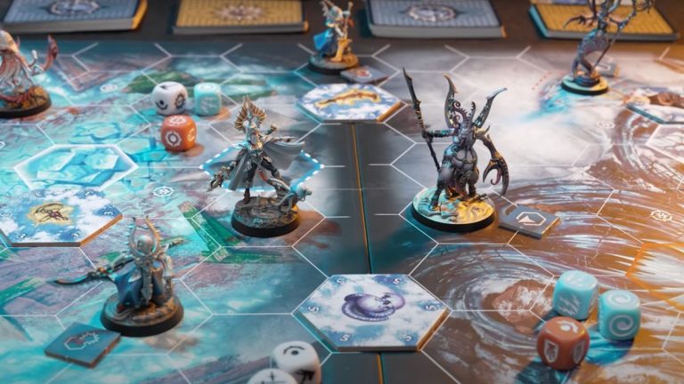 Models stand facing one another on the Warhammer Underworlds: Deathgorge board