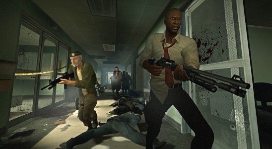 Left 4 Dead: Bill, Francis, and Louis in a zombie-infested corridor in Mercy Hospital.