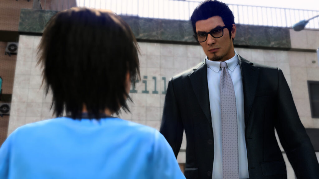 Kiryu parle à un garçon dans Like a Dragon Gaiden : L'homme qui a effacé son nom