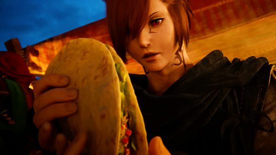 Date de sortie de FFXIV Dawntrail – G'raha Tia contemple un gros taco avec les yeux écarquillés dans la nouvelle extension 7.0.