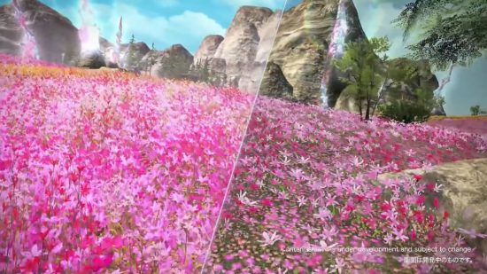 Date de sortie de FFXIV Dawntrail - capture d'écran côte à côte montrant une densité de feuillage et un dynamisme des couleurs accrus dans la nouvelle mise à jour graphique.