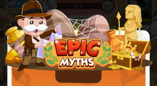 A header for the Epic Myths event in Monopoly GO as part of a guide to all the prizes, milestones, rewards available for the event, how to play, and how to win.