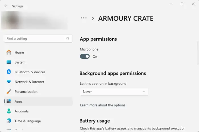 Désactiver les autorisations en arrière-plan pour Armory Crate