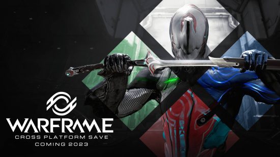 Un personnage ninja tient un énorme katana réparti sur le côté sur des diamants de différentes couleurs avec le logo Warframe à côté et « cross-save 2023 » écrit en dessous.