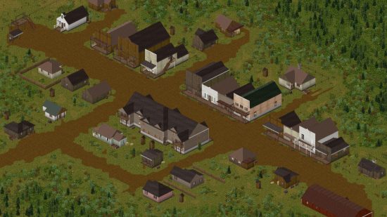 Project Zomboid build 42 Wild West town - Une rue bordée de bâtiments de style Old Western.