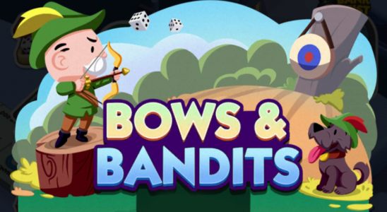 A header-sized image for the Bows & Bandits event in Monopoly GO that shows Rich Uncle Pennybags dressed up like Robin Hood and shooting at a target.