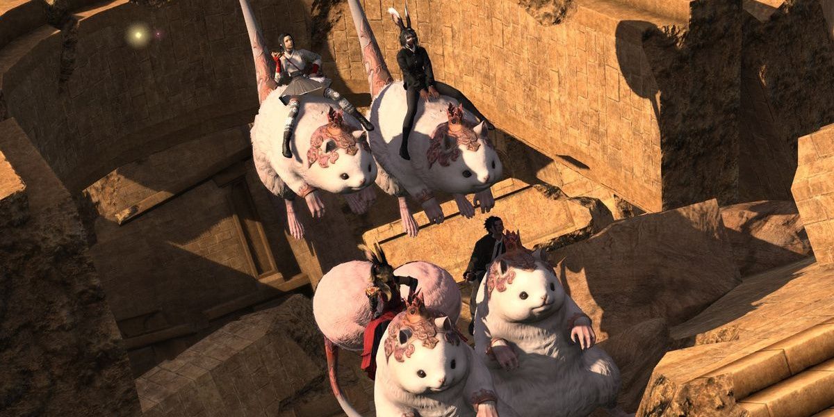 Un groupe d'aventuriers part à cheval dans Final Fantasy 14