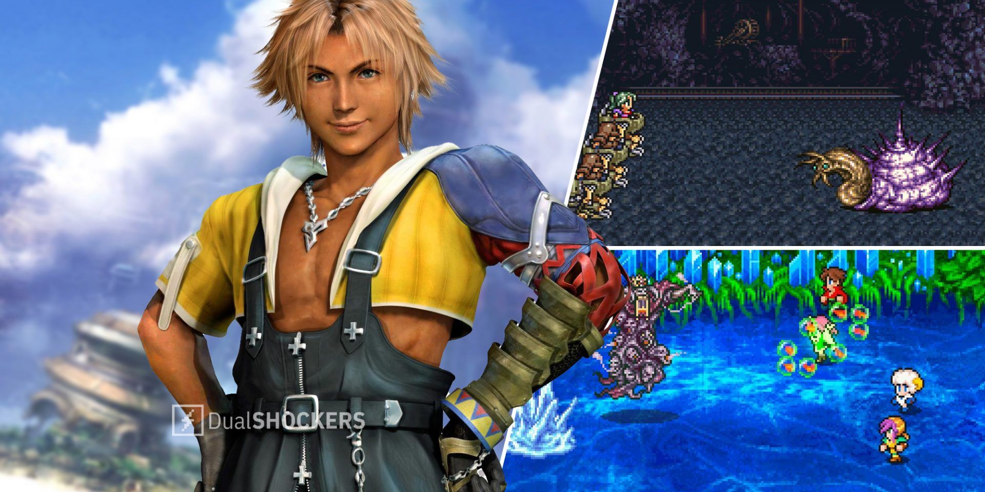 Final Fantasy X à gauche, Final Fantasy 3 en haut à droite, Final Fantasy V en bas à droite