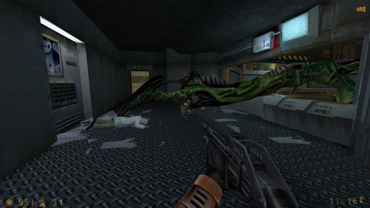 The Half-Life tentacle monster smashes through the window of the Blast Pit control room