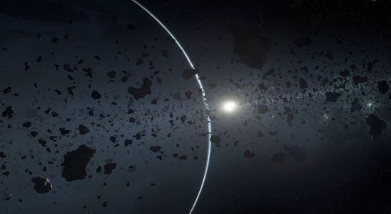 A ringed planet silhoutted against a star in Star Citizen