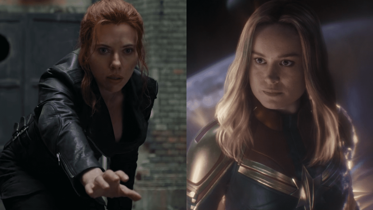 A side-by-side picture of Scarlett Johansson as Black Widow and Brie Larson as Captain Marvel