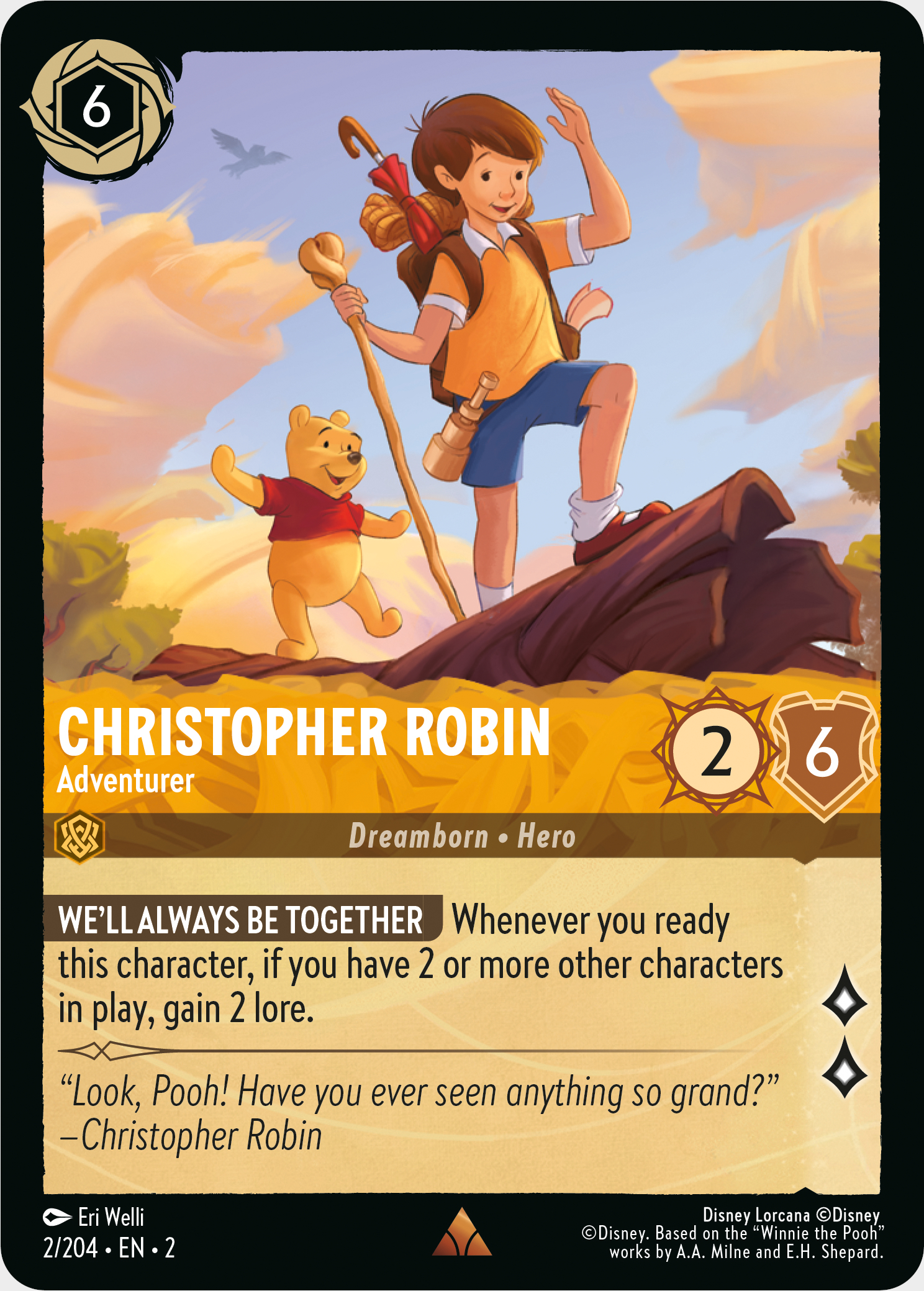 Disney Lorcana Christopher Robin, carte d'aventurier représentant Christopher Robin et Winnie l'ourson traversant un tronc d'arbre