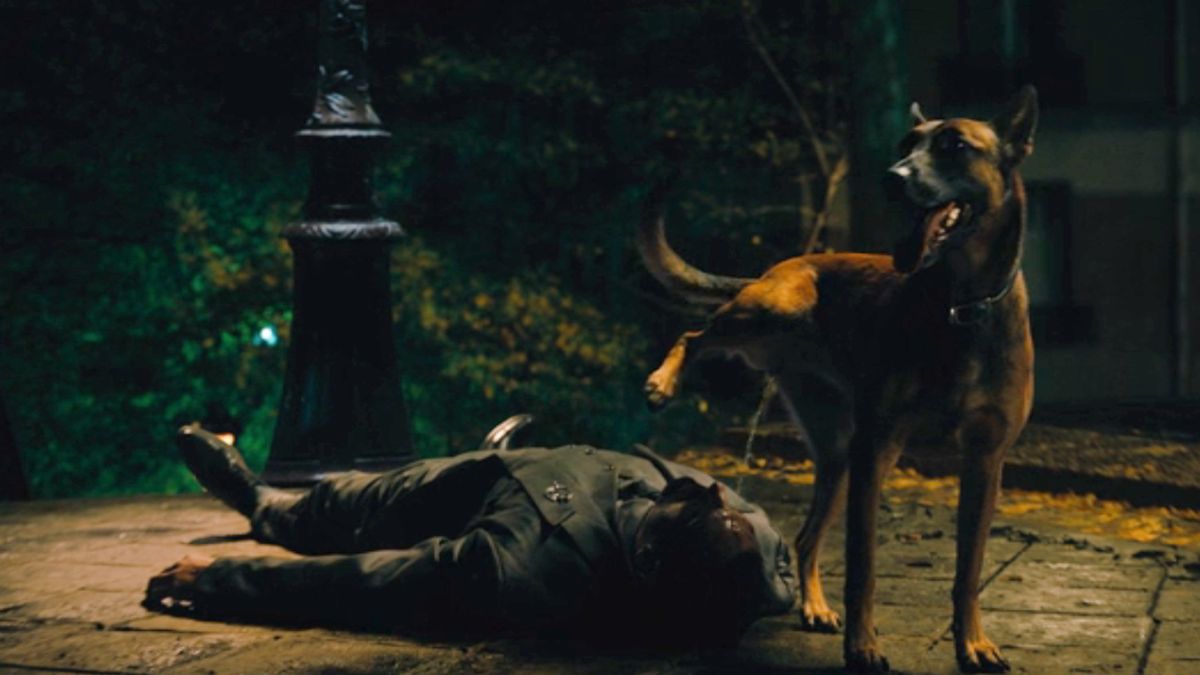 Marko Zaror being peed on by a dog in John Wick: Chapter 4