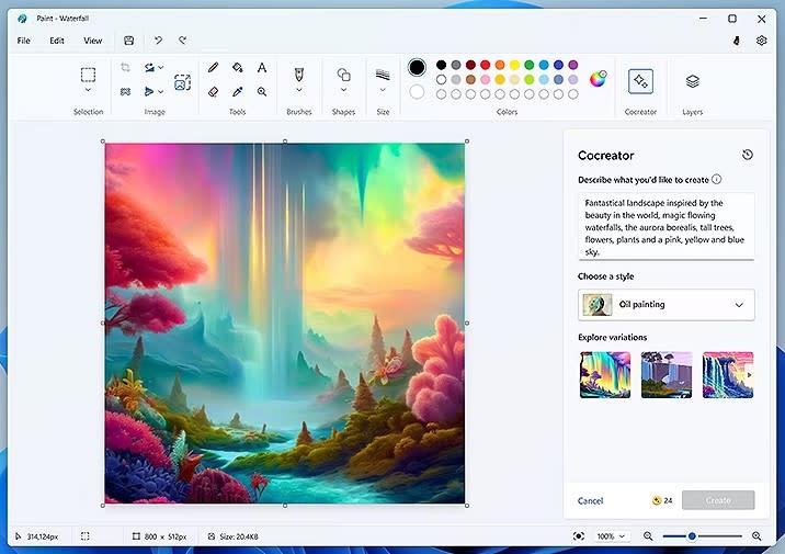 Une capture d'écran de l'application Paint dans Windows 11, montrant l'outil d'IA générative Cocreator.