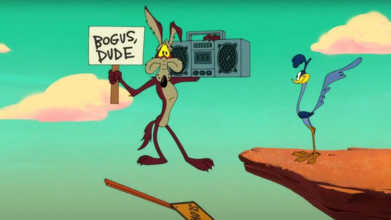 Wile E. Coyote about to plummet, while holding a sign and a boombox, 