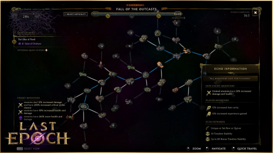 Modificateurs Last Epoch Echo - Une capture d'écran du système de fin de partie comportant de nombreux nœuds.