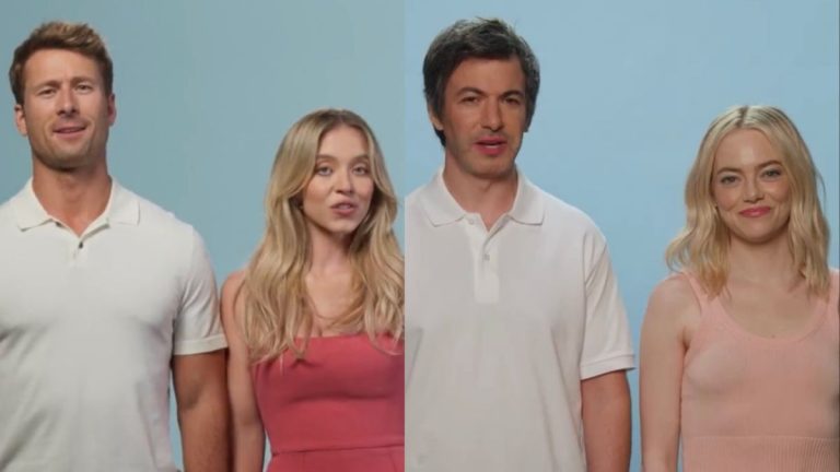 Glen Powell and Sydney Sweeney in front of Anyone But You trailer, Nathan Fielder and Emma Stone spoof