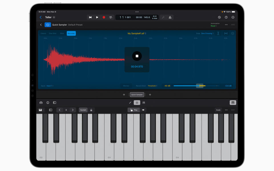 Avec le nouveau mode Quick Sampler Recorder de Logic Pro, les utilisateurs peuvent créer des instruments échantillonnés à partir de pratiquement n'importe quel son à l'aide du microphone intégré de l'iPad ou d'une entrée audio connectée.