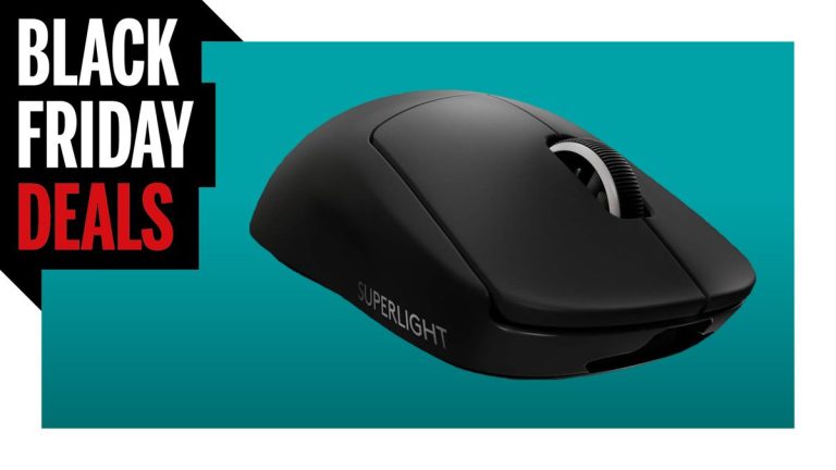 Black Logitech mouse on blue background with Black Friday logo