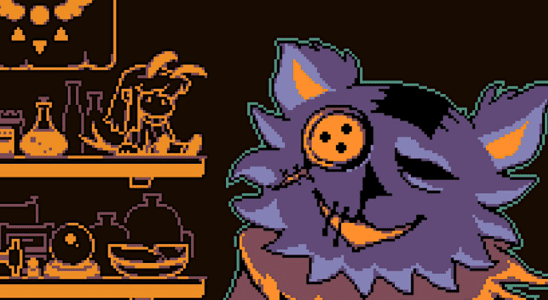 A cat with a button for an eye peddles its wares in Deltarune.