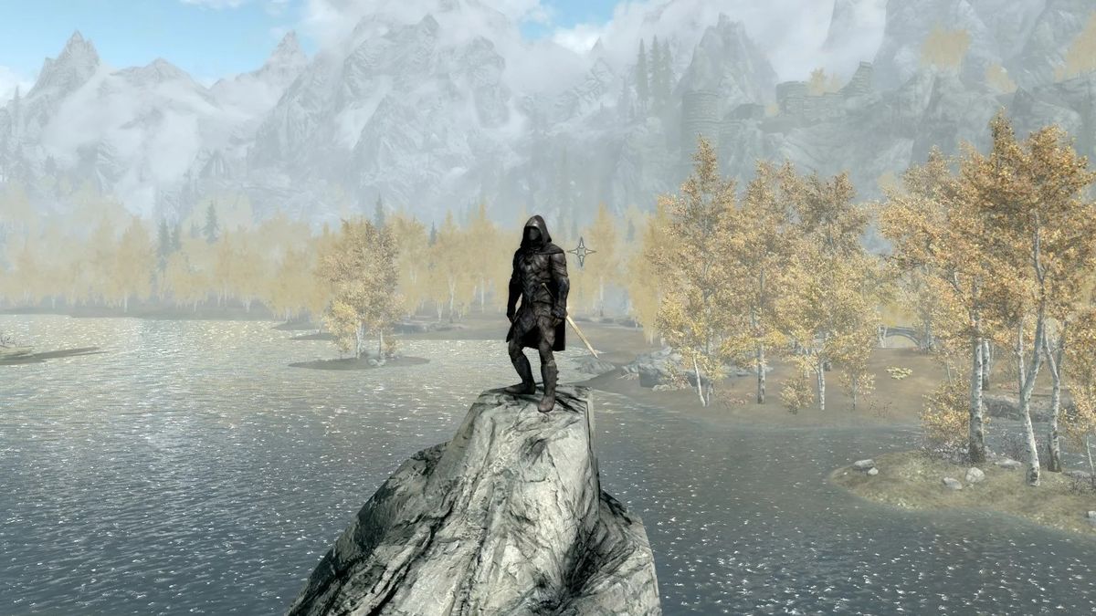 A figure clad in black stands atop a rock in the centre of a lake, with not a single other living thing in sight.