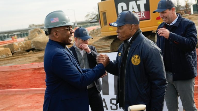 New York City Mayor Eric Adams delivers remarks at the groundbreaking for the East End Studios Sunnyside Campus in Queens on Wednesday, November 15, 2023.