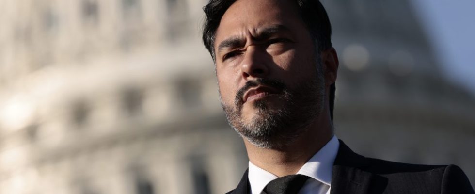 WASHINGTON, DC - NOVEMBER 18: Rep. Joaquin Castro (D-TX) speaks at a press conference on immigration on Capitol Hill on November 18, 2021 in Washington, DC. Rep. Escobar talked about the immigrant protections included within the Build Back Better Act. (Photo by Anna Moneymaker/Getty Images)