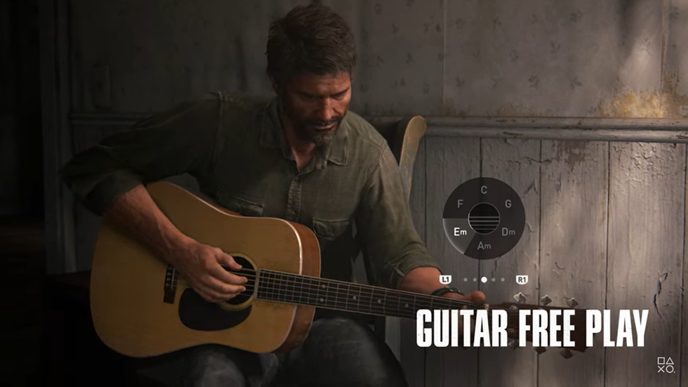 the last of us part ii remasterisé sur playstation capture d'écran de Joel jouant de la guitare en mode jeu libre