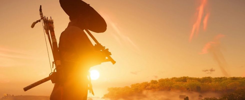 The script for the Ghost of Tsushima movie is complete. The image shows a samurai playing a flute while silhouetted by the setting sun.